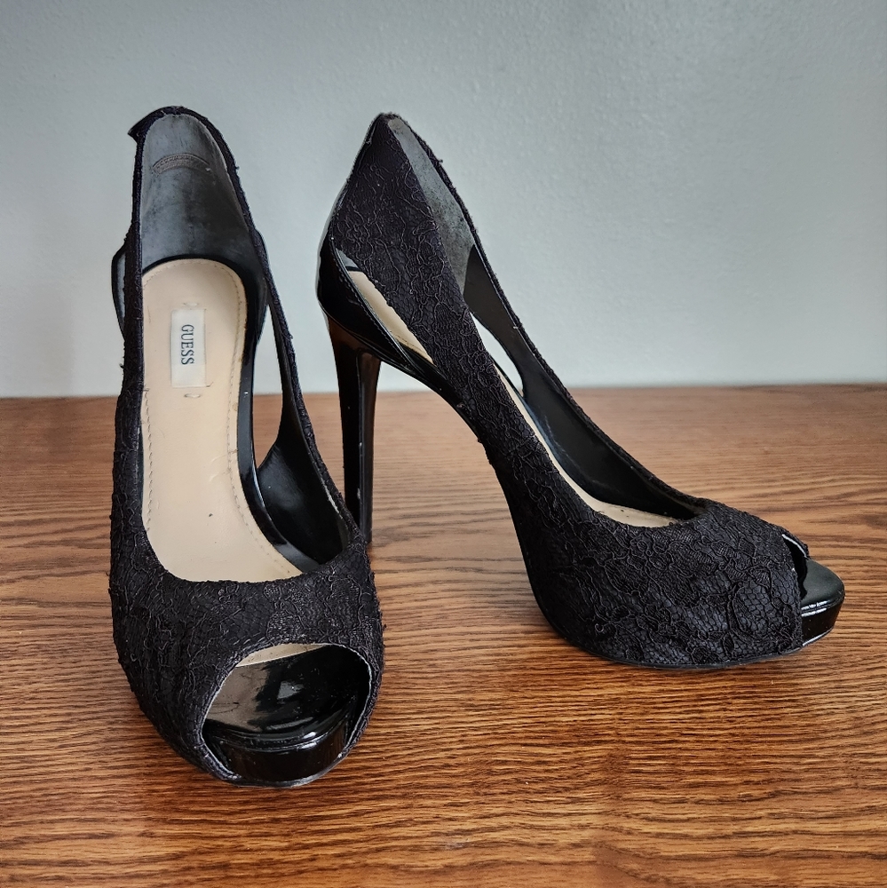 GUESS Platform Black Lace Peep Toe Heels